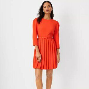 Ann Taylor Pleated Belted Flare Dress Orange/Red 0P